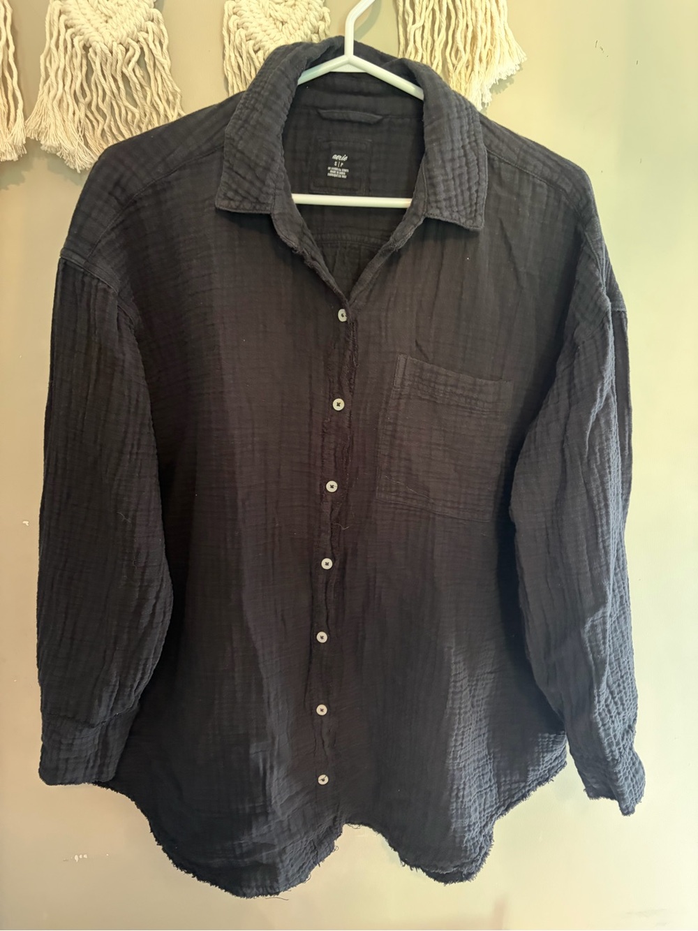 aerie Black Waffle Long-Sleeve Button-Down Shirt